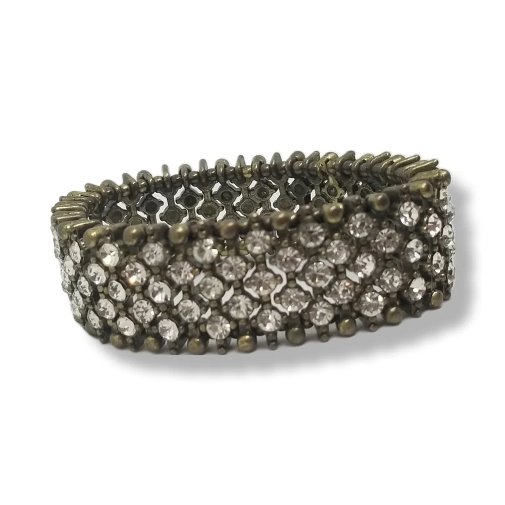 VINTAGE ANTIQUED BRASS & WHITE RHINESTONE MESH DESIGN STRETCH BRACELET